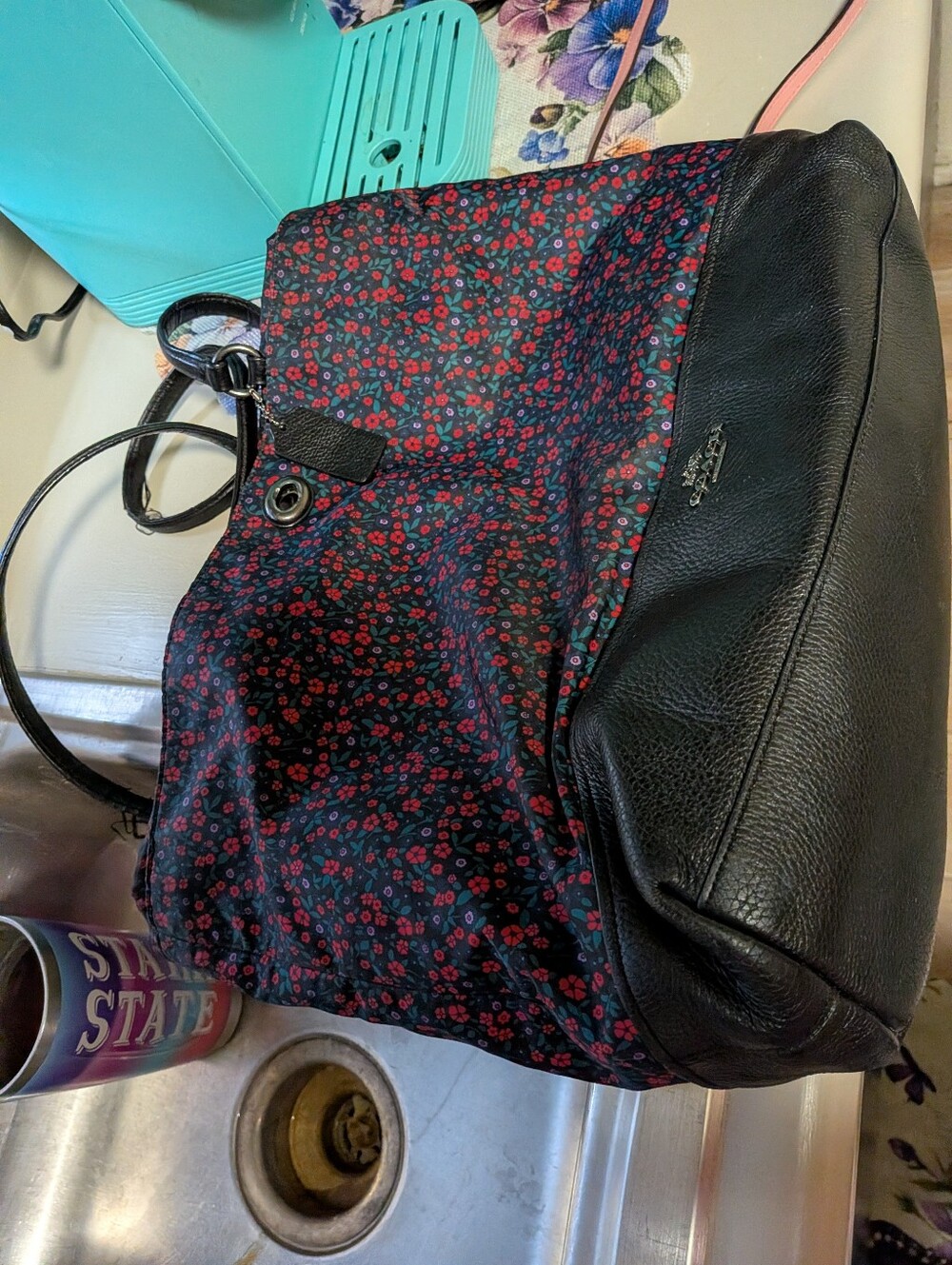 Coach Black Leather Tote with Red and Green Floral Print
